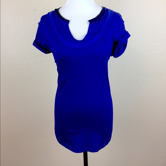 FREE PEOPLE Blue Keyhole Open Back Boho Short Sleeve Pocket Tee Shirt XS NEW Bow - Picture 5 of 9